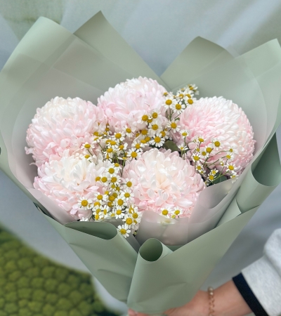 Розовые хризантемы с ромашкой